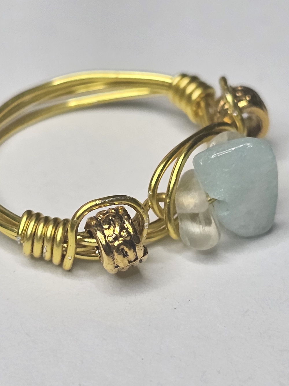 Gold Wire Wrapped Sea Glass Ring — Aquamarine Stone - Picture 2 of 8